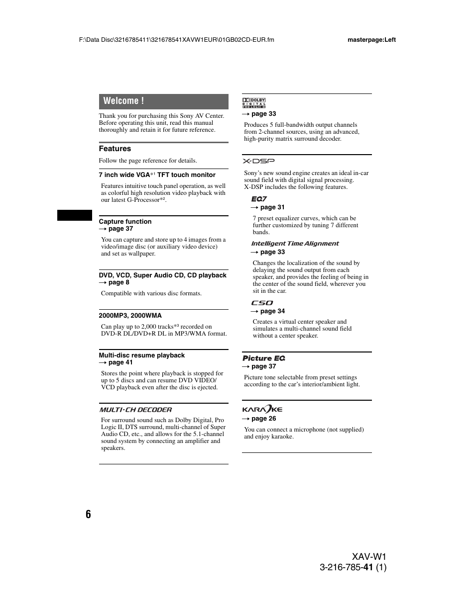 Welcome, Features | Sony XAV-W1 User Manual | Page 6 / 344