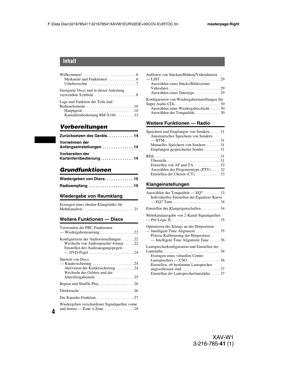 Vorbereitungen, Grundfunktionen | Sony XAV-W1 User Manual | Page 68 / 344