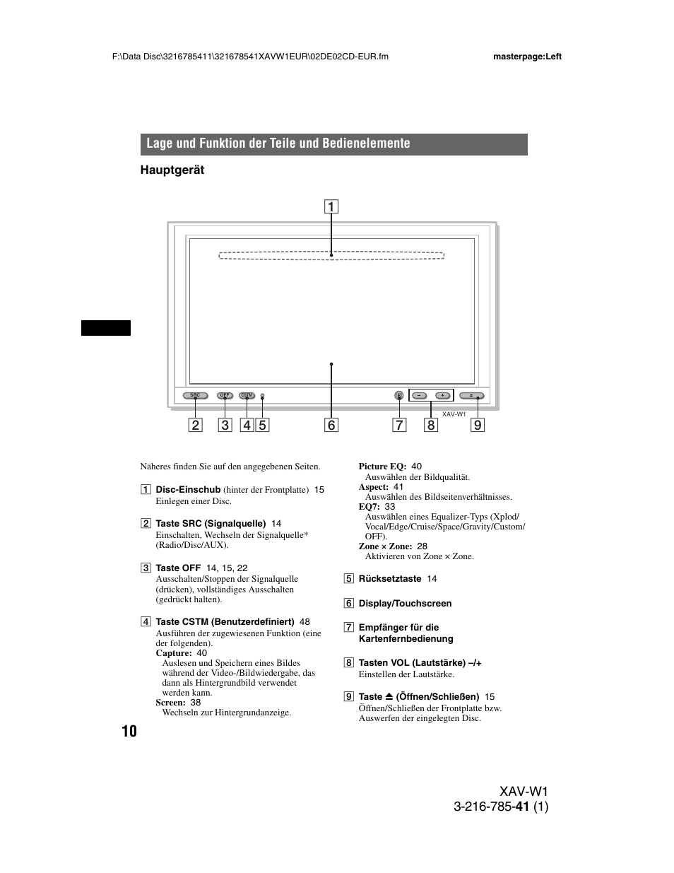 Lage und funktion der teile und bedienelemente, Hauptgerät, Lage und funktion der teile und | Bedienelemente | Sony XAV-W1 User Manual | Page 74 / 344