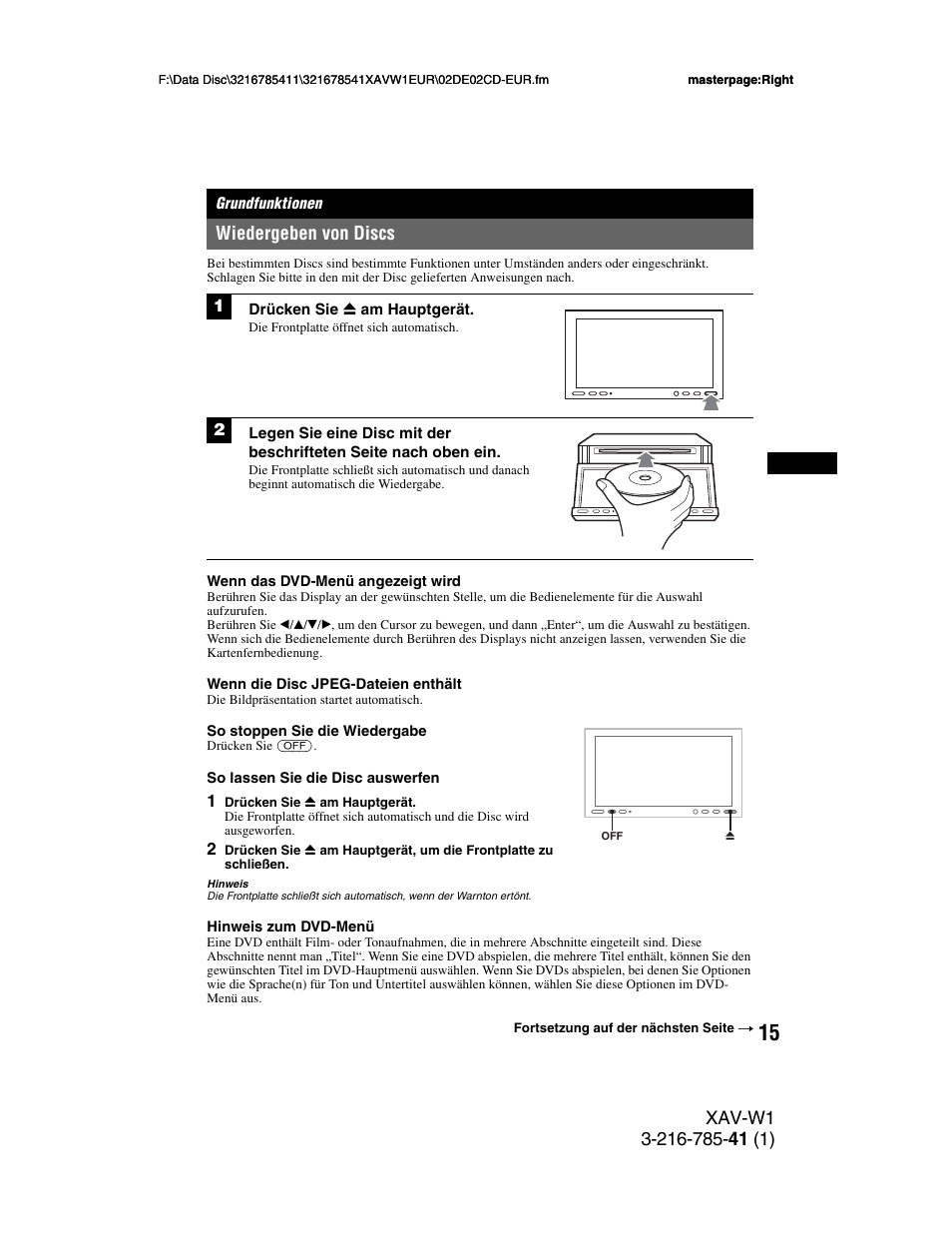 Grundfunktionen, Wiedergeben von discs | Sony XAV-W1 User Manual | Page 79 / 344