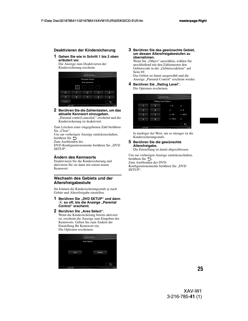 Wechseln des gebiets und der altersfreigabestufe | Sony XAV-W1 User Manual | Page 89 / 344