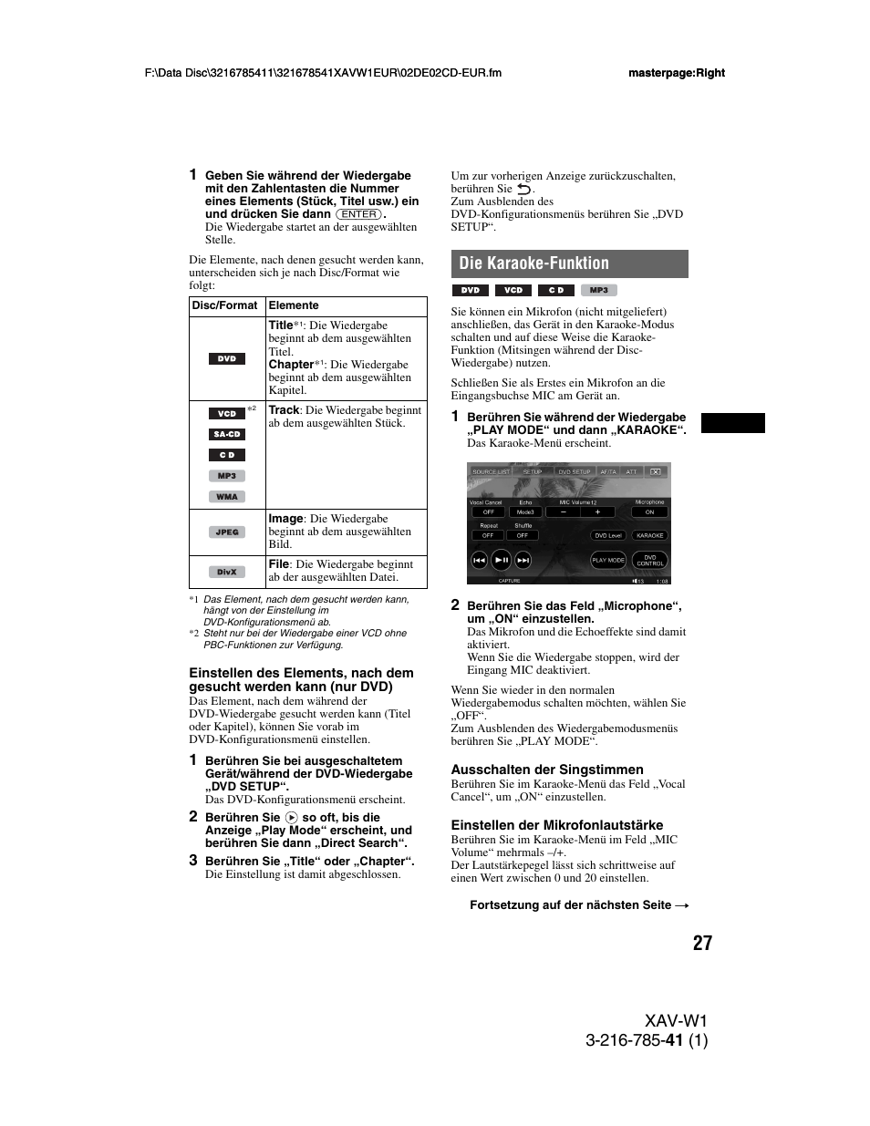 Die karaoke-funktion, Seite 27, Seite 27) | Sony XAV-W1 User Manual | Page 91 / 344
