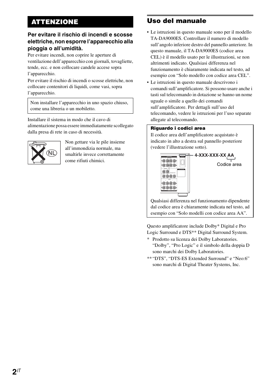 Uso del manuale, Attenzione, Riguardo i codici area | Xxx-xxx-xx aa, Codice area | Sony TA-DA9000ES User Manual | Page 128 / 188