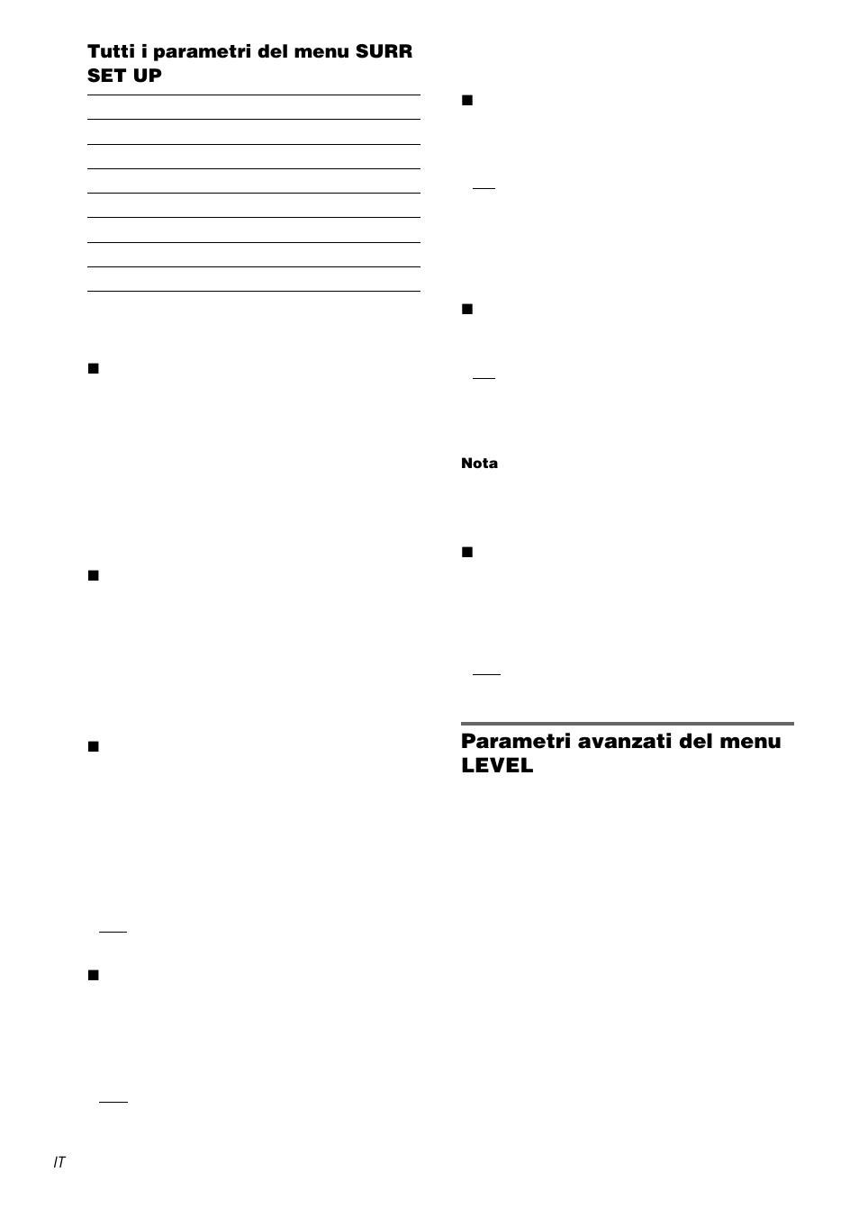 Parametri avanzati del menu level, Tutti i parametri del menu surr set up | Sony TA-DA9000ES User Manual | Page 168 / 188