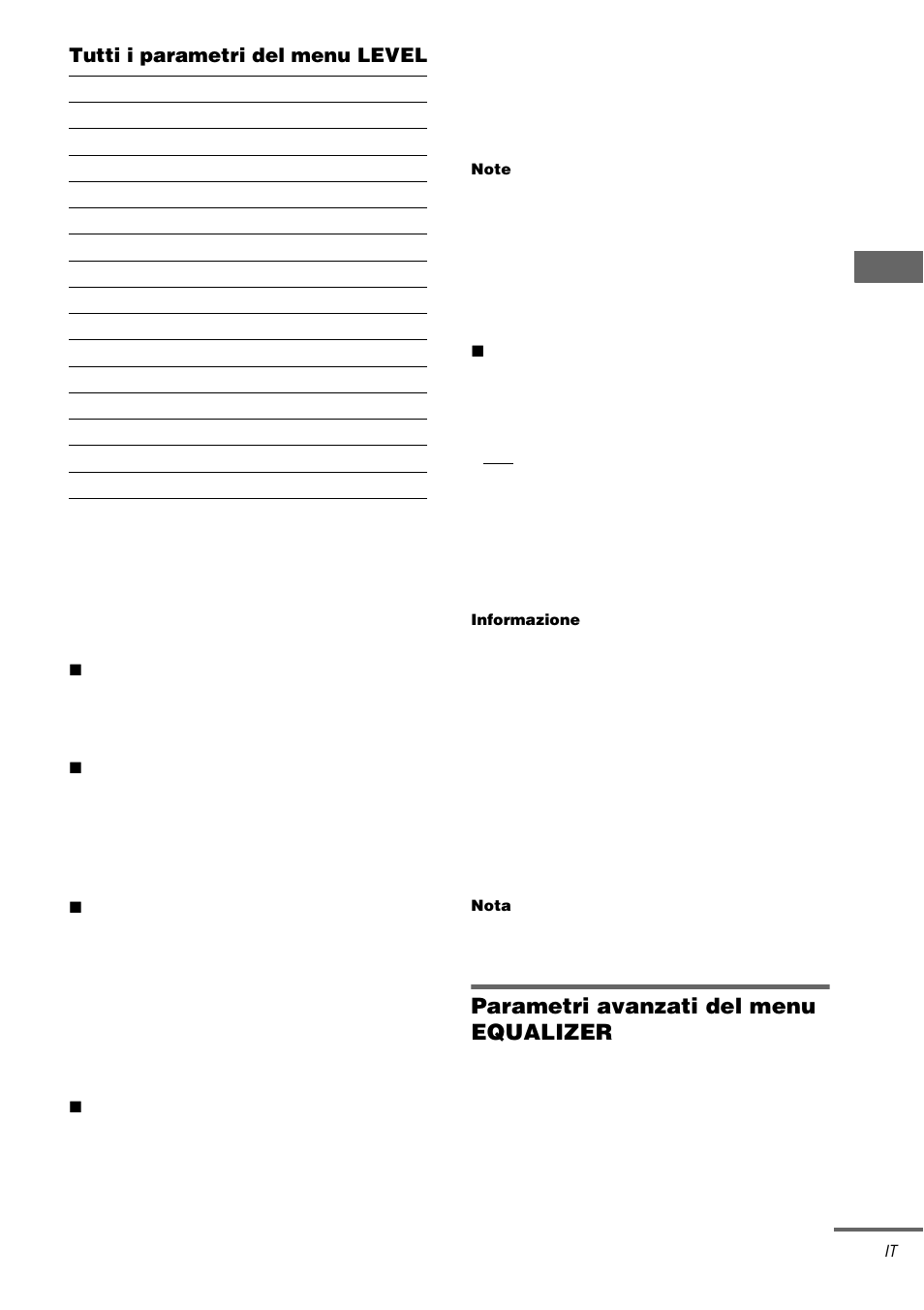 Parametri avanzati del menu equalizer, Rego laz ioni e im pos taz ioni a v an zate, Tutti i parametri del menu level | Sony TA-DA9000ES User Manual | Page 169 / 188