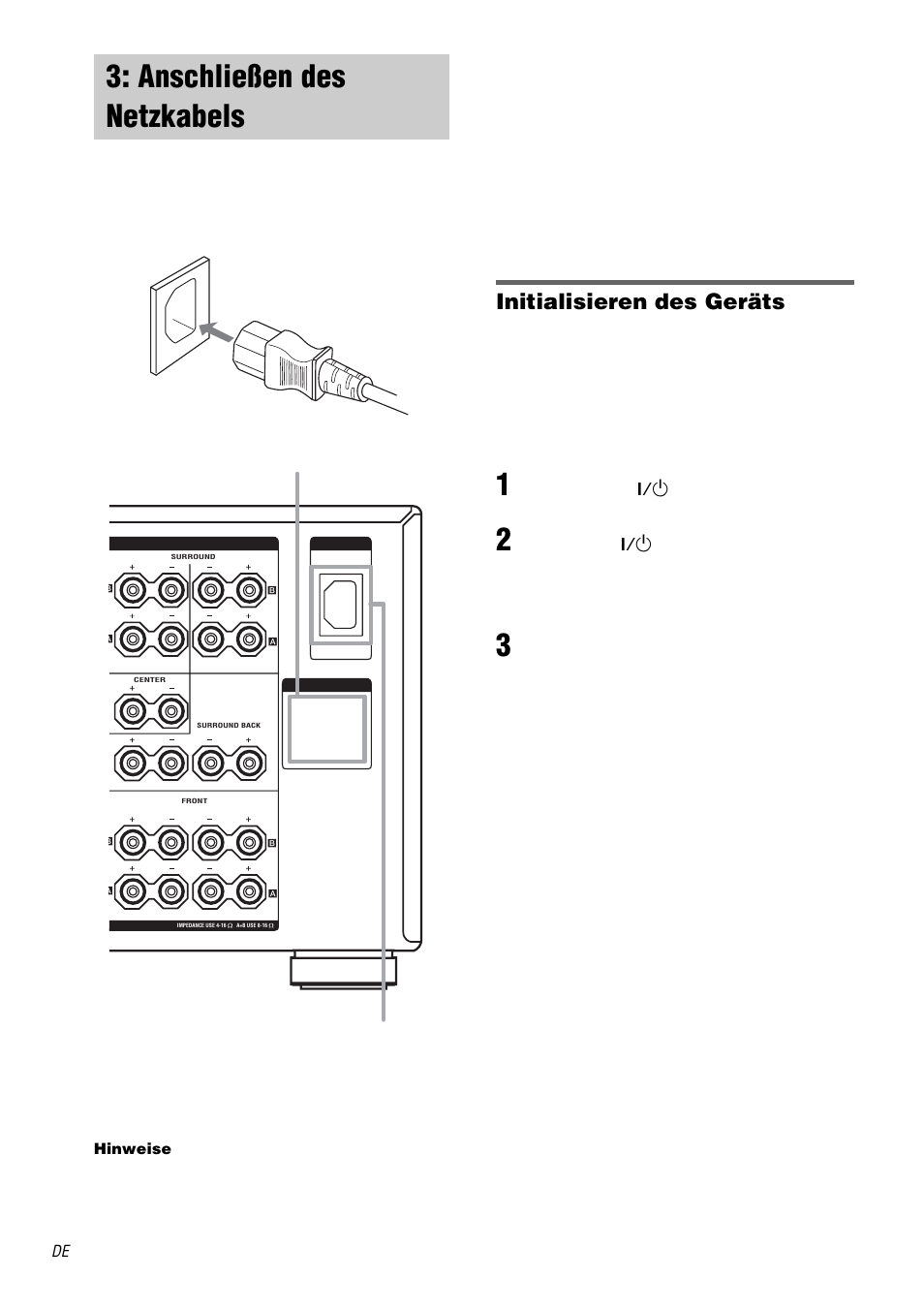 Anschließen des netzkabels, Initialisieren des geräts, Ac outlet | Sony TA-DA9000ES User Manual | Page 18 / 188