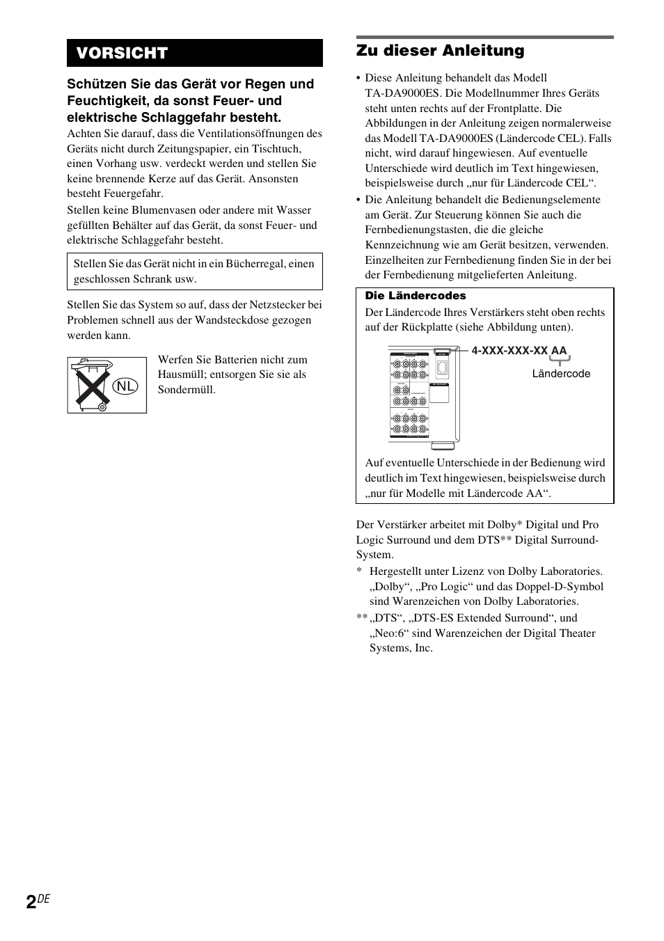 Zu dieser anleitung, Vorsicht, Die ländercodes | Xxx-xxx-xx aa, Ländercode | Sony TA-DA9000ES User Manual | Page 2 / 188