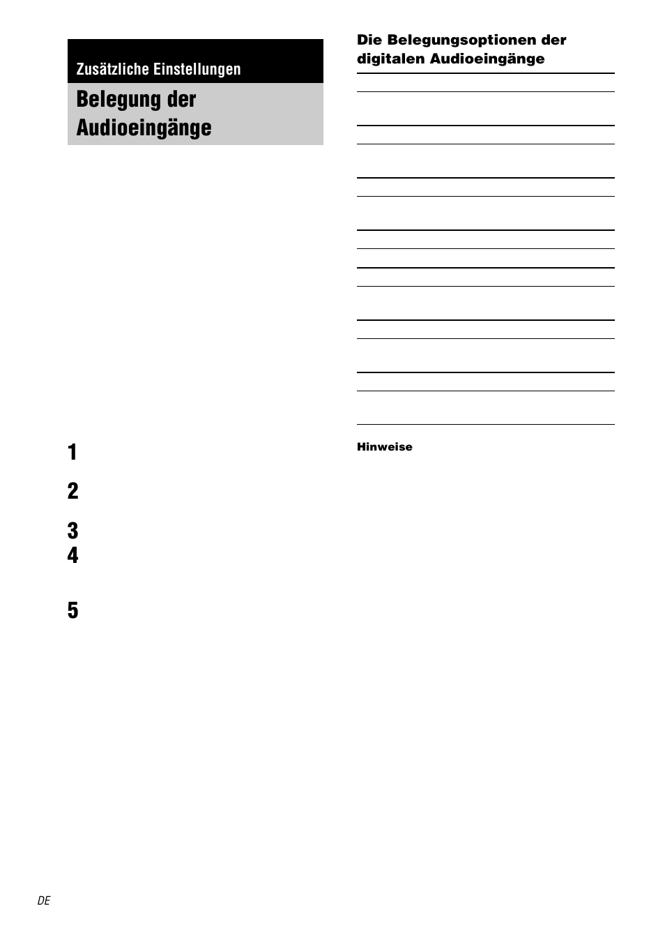 Zusätzliche einstellungen, Belegung der audioeingänge, Digital assign | Sony TA-DA9000ES User Manual | Page 34 / 188