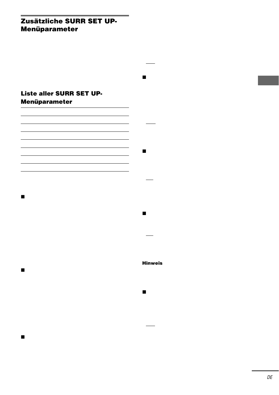 Siehe seite 43, Zusätzliche surr set up- menüparameter, Zus ätz lic he eins tellu ng e n | Liste aller surr set up- menüparameter | Sony TA-DA9000ES User Manual | Page 43 / 188