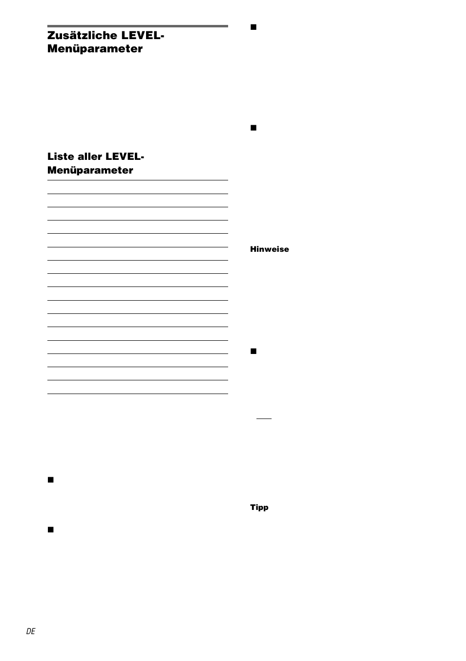 Zusätzliche level- menüparameter, Liste aller level- menüparameter | Sony TA-DA9000ES User Manual | Page 44 / 188