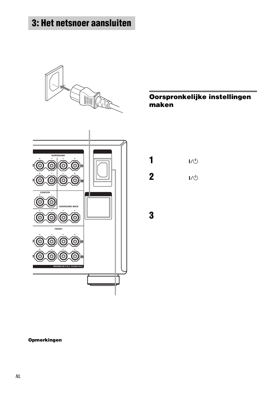 Het netsnoer aansluiten, Oorspronkelijke instellingen maken, Ac outlet | Sony TA-DA9000ES User Manual | Page 80 / 188