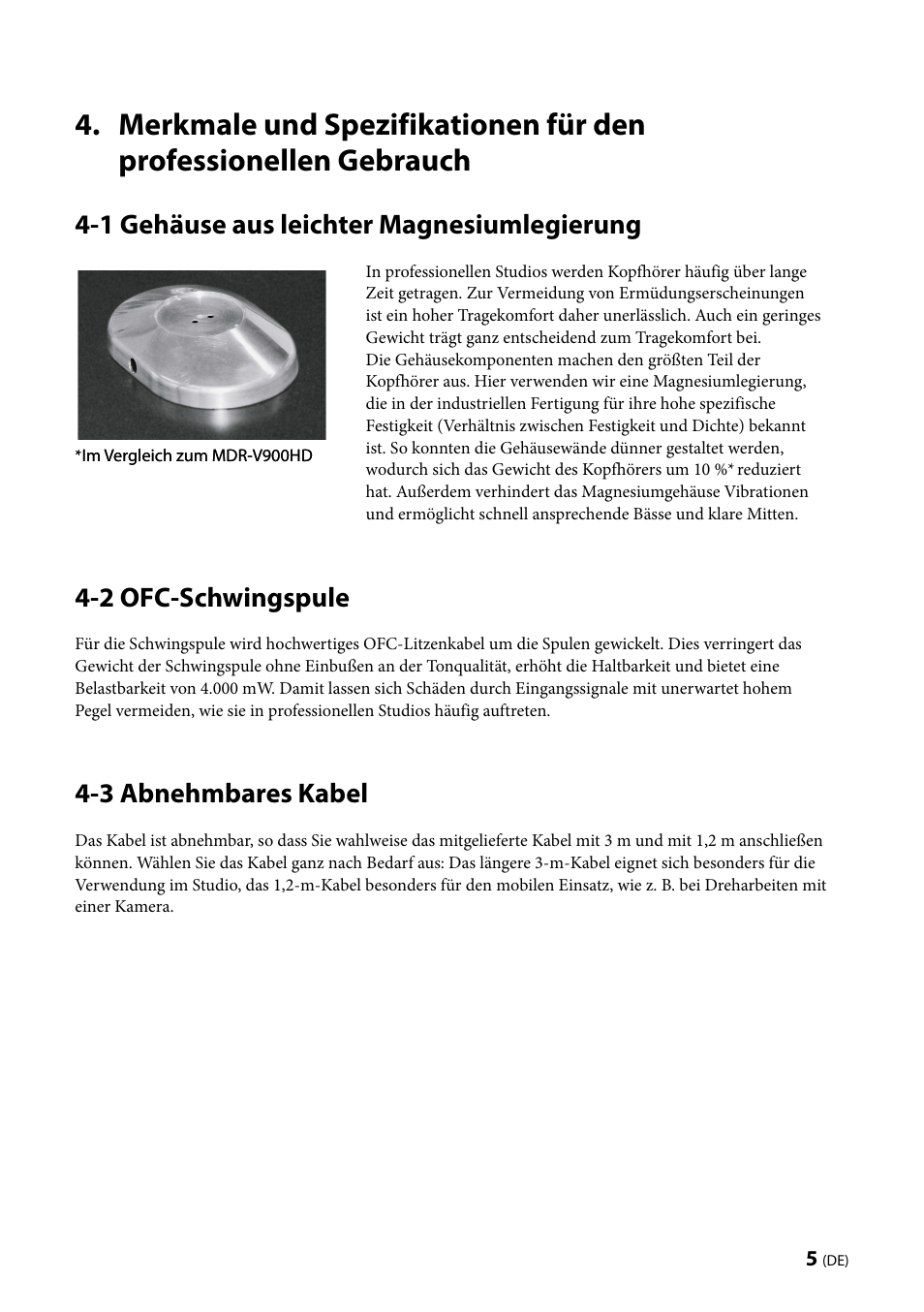 1 gehäuse aus leichter magnesiumlegierung, 2 ofc-schwingspule, 3 abnehmbares kabel | Sony MDR-Z1000 User Manual | Page 13 / 28