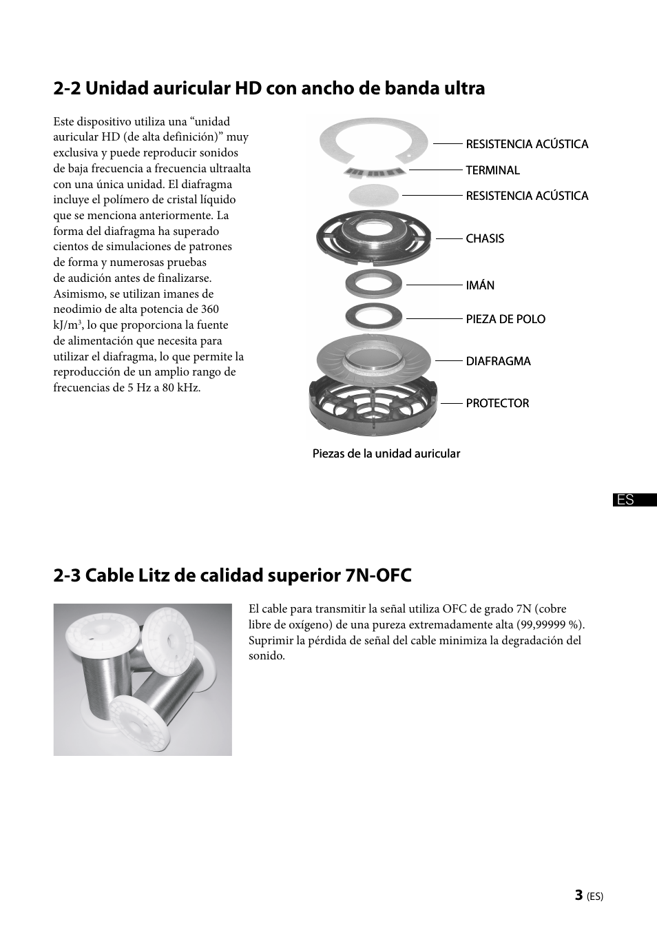 2 unidad auricular hd con ancho de banda ultra, 3 cable litz de calidad superior 7n-ofc | Sony MDR-Z1000 User Manual | Page 15 / 28