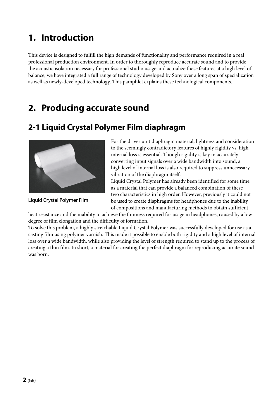 Introduction, Producing accurate sound, 1 liquid crystal polymer film diaphragm | Sony MDR-Z1000 User Manual | Page 2 / 28