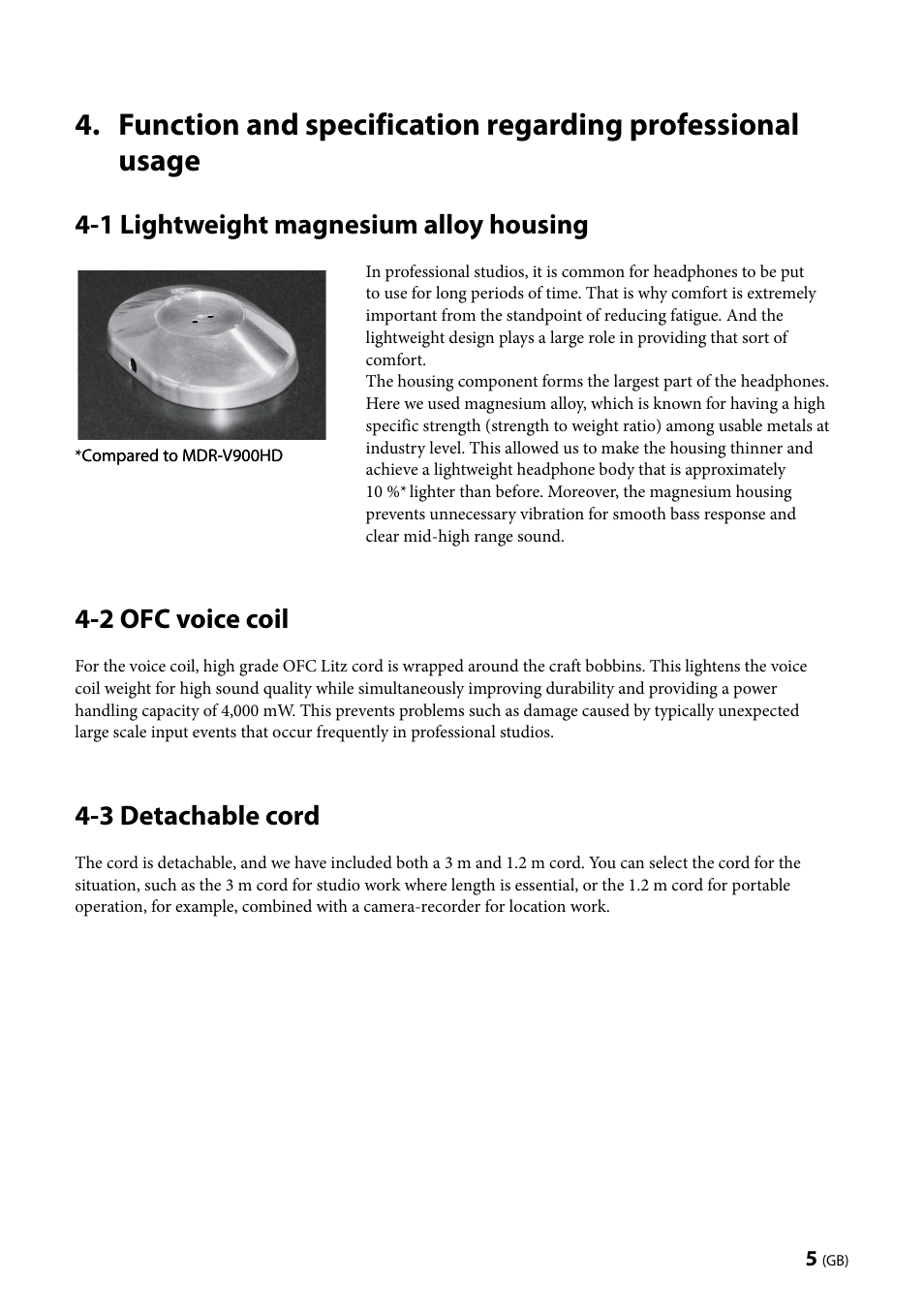 1 lightweight magnesium alloy housing, 2 ofc voice coil, 3 detachable cord | Sony MDR-Z1000 User Manual | Page 5 / 28