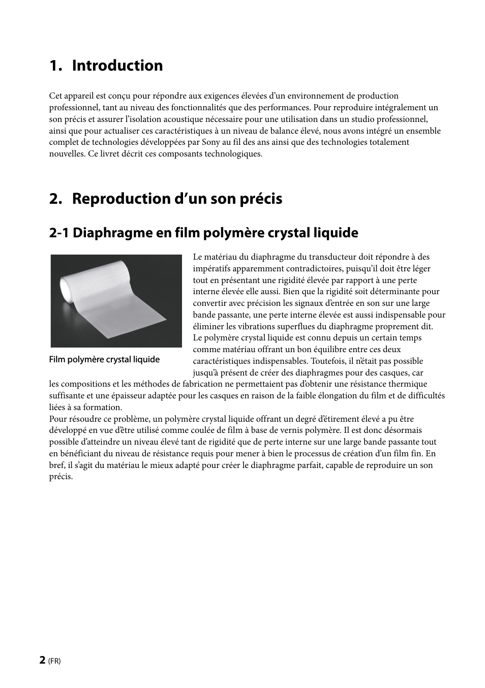Introduction, Reproduction d’un son précis, 1 diaphragme en film polymère crystal liquide | Sony MDR-Z1000 User Manual | Page 6 / 28
