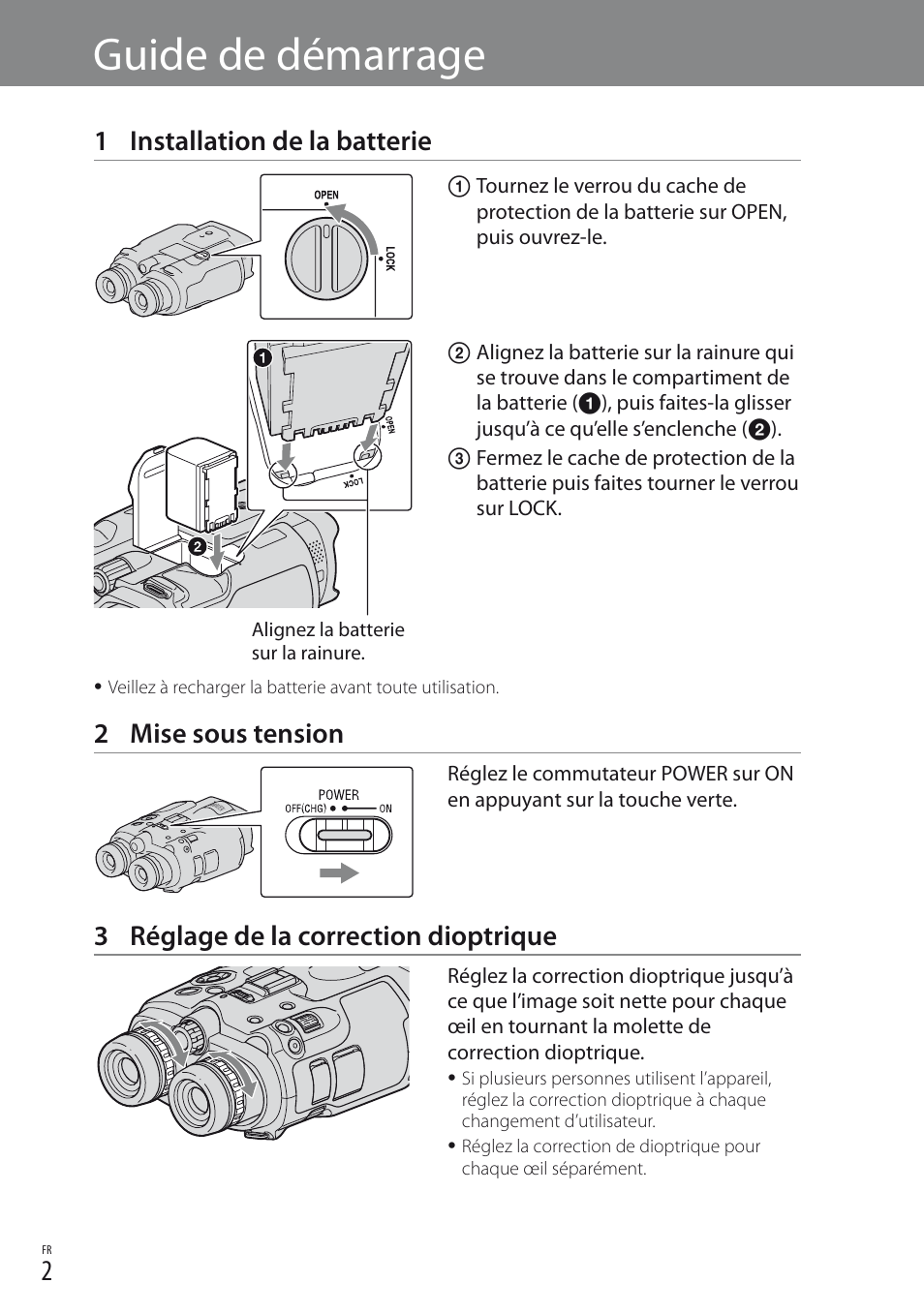 Guide de démarrage, 1 installation de la batterie, 2 mise sous tension | 3 réglage de la correction dioptrique | Sony DEV-3 User Manual | Page 10 / 88