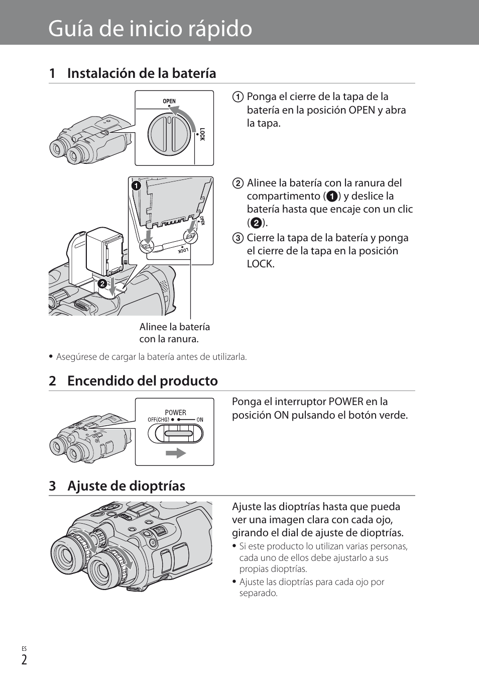 Guía de inicio rápido, 1 instalación de la batería, 2 encendido del producto | 3 ajuste de dioptrías | Sony DEV-3 User Manual | Page 14 / 88