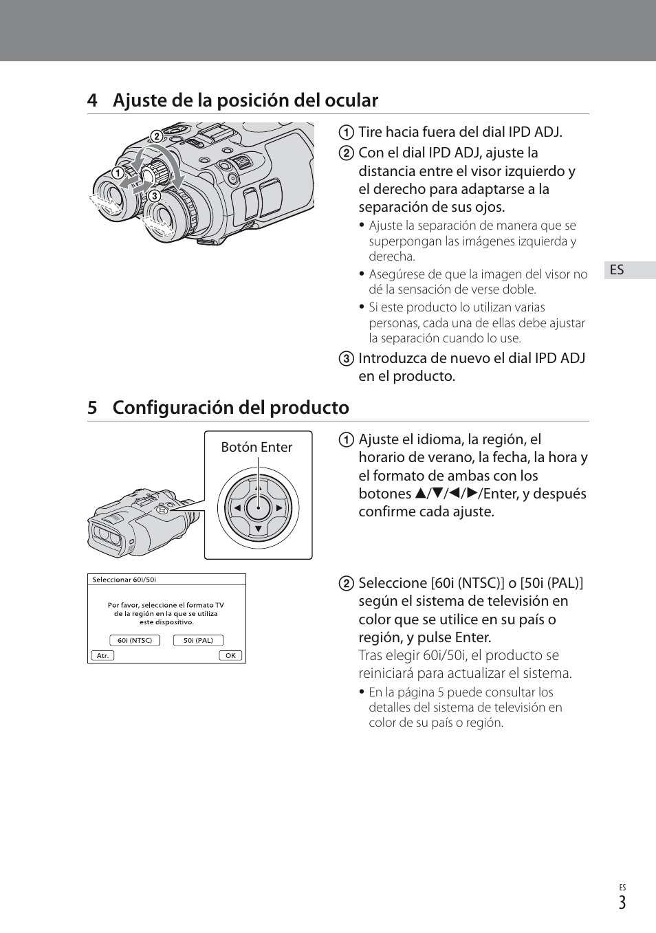 4 ajuste de la posición del ocular, 5 configuración del producto | Sony DEV-3 User Manual | Page 15 / 88