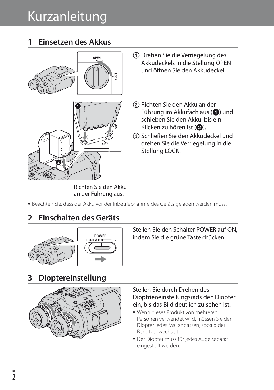 Kurzanleitung, 1 einsetzen des akkus, 2 einschalten des geräts | 3 dioptereinstellung | Sony DEV-3 User Manual | Page 18 / 88