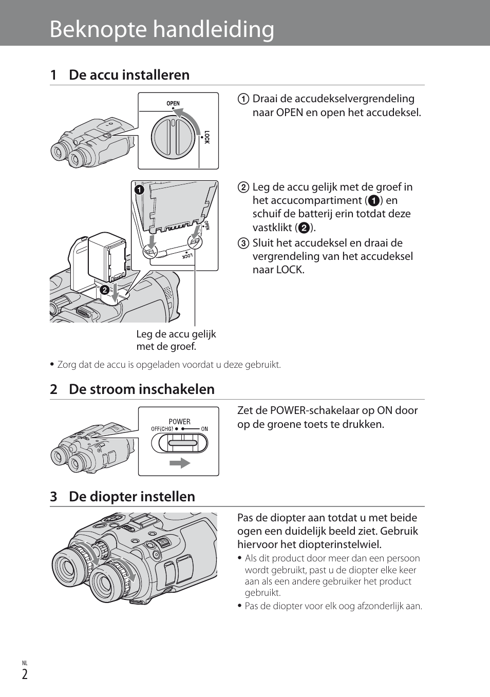 Beknopte handleiding, 1 de accu installeren, 2 de stroom inschakelen | 3 de diopter instellen | Sony DEV-3 User Manual | Page 22 / 88