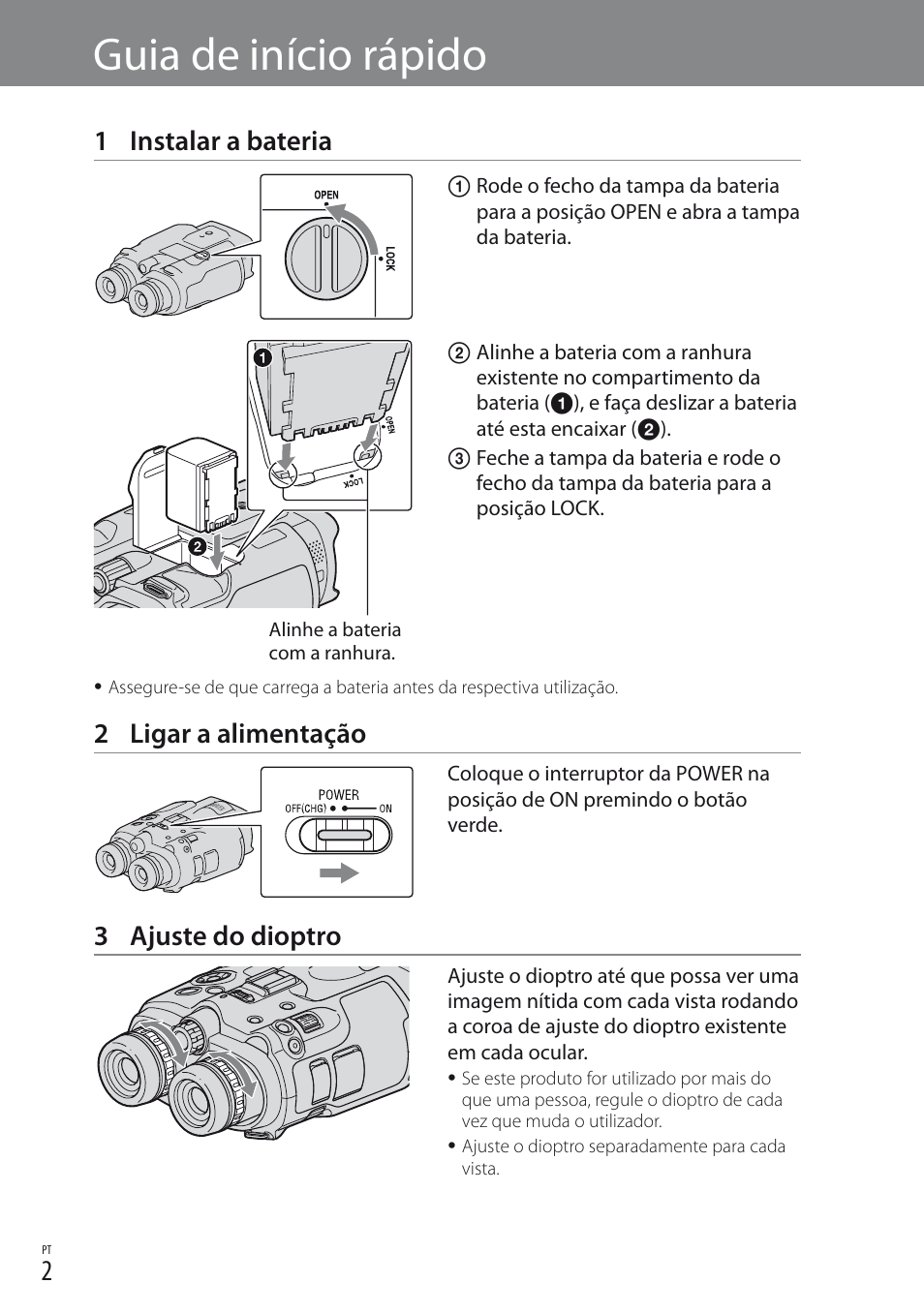 Guia de início rápido, 1 instalar a bateria, 2 ligar a alimentação | 3 ajuste do dioptro | Sony DEV-3 User Manual | Page 26 / 88