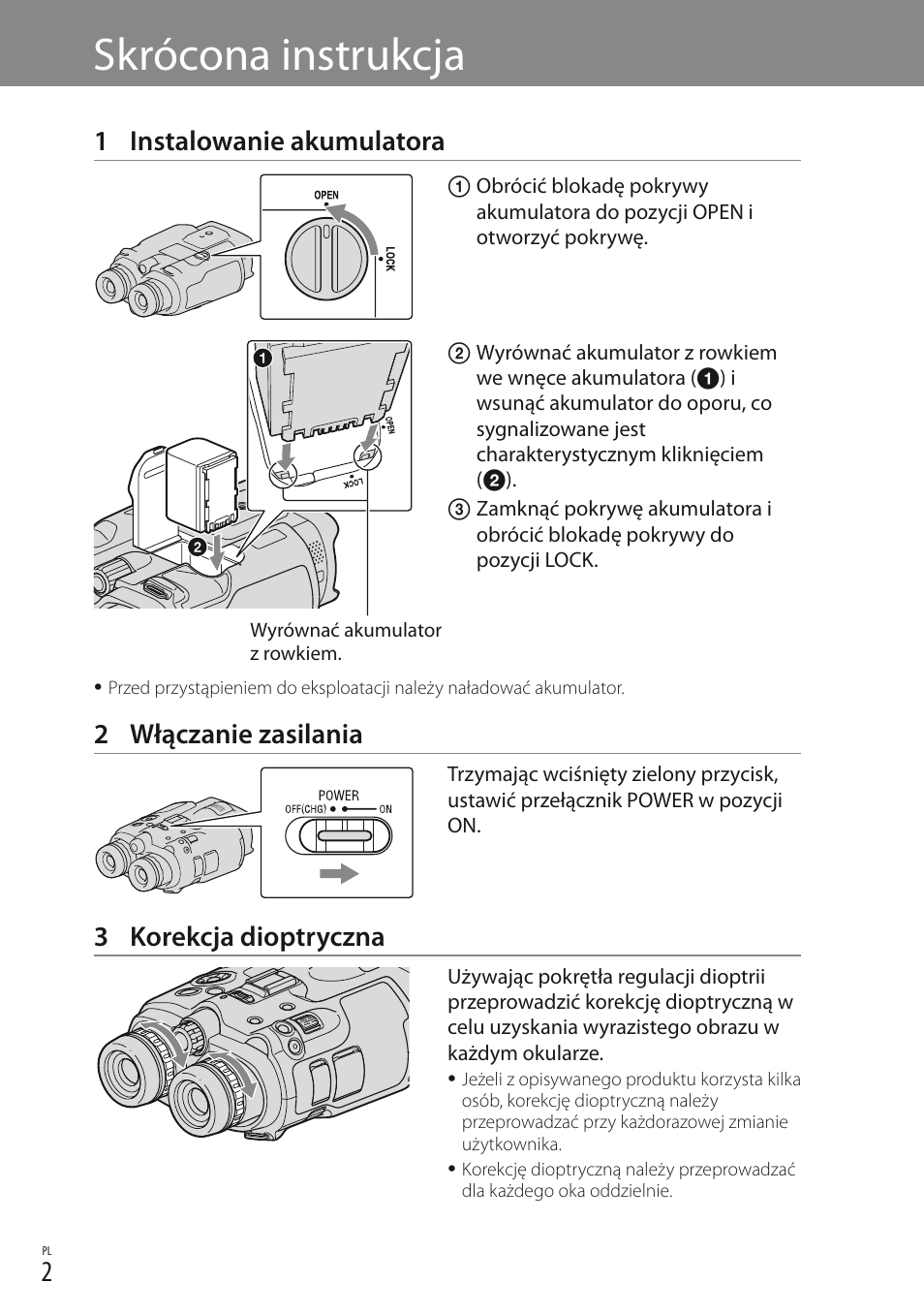 Skrócona instrukcja, 1 instalowanie akumulatora, 2 włączanie zasilania | 3 korekcja dioptryczna | Sony DEV-3 User Manual | Page 38 / 88
