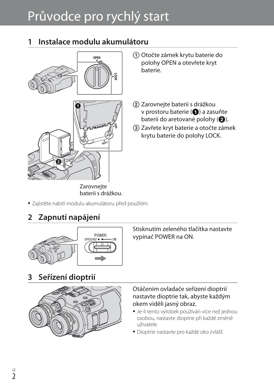 Průvodce pro rychlý start, 1 instalace modulu akumulátoru, 2 zapnutí napájení | 3 seřízení dioptrií | Sony DEV-3 User Manual | Page 42 / 88