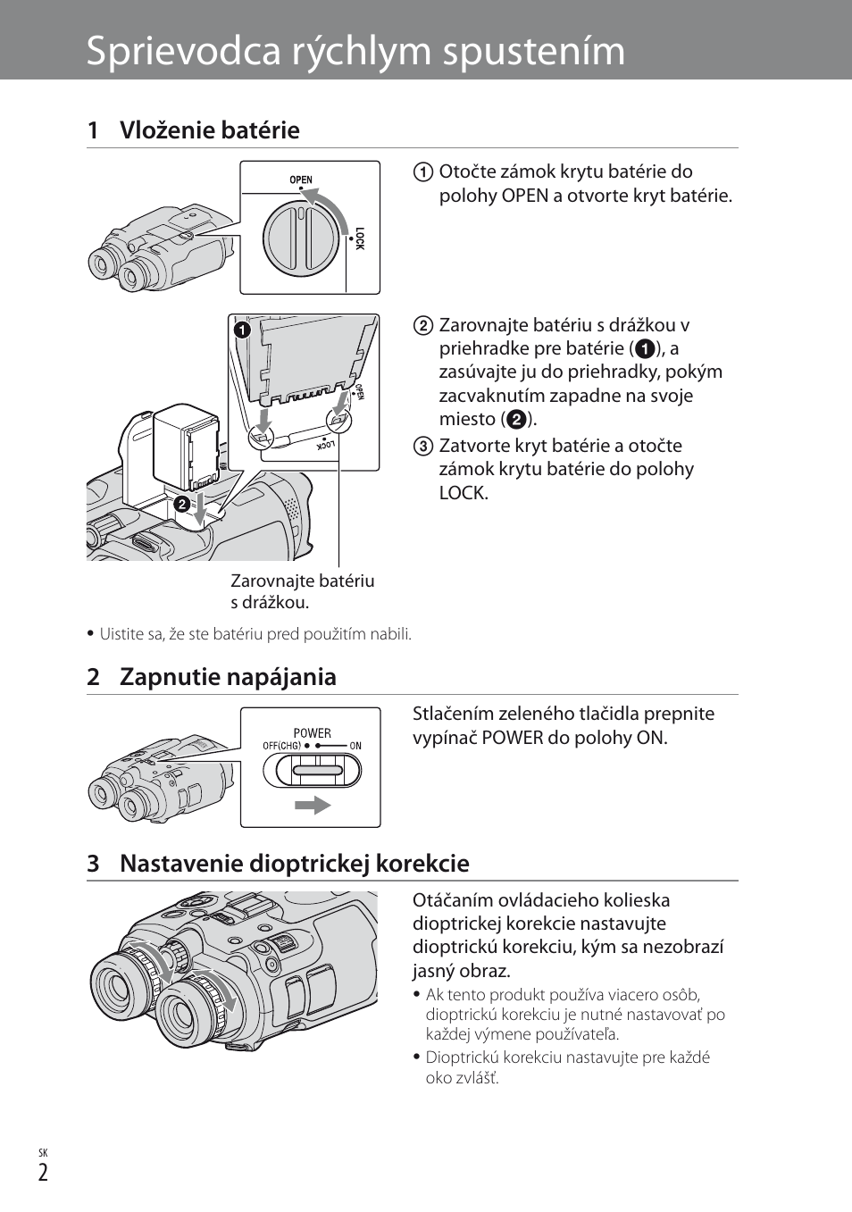 Sprievodca rýchlym spustením, 1 vloženie batérie, 2 zapnutie napájania | 3 nastavenie dioptrickej korekcie | Sony DEV-3 User Manual | Page 46 / 88