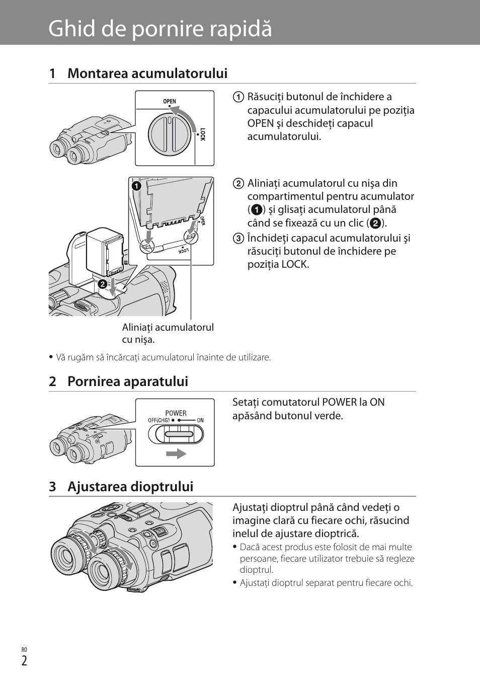 Ghid de pornire rapidă, 1 montarea acumulatorului, 2 pornirea aparatului | 3 ajustarea dioptrului | Sony DEV-3 User Manual | Page 50 / 88