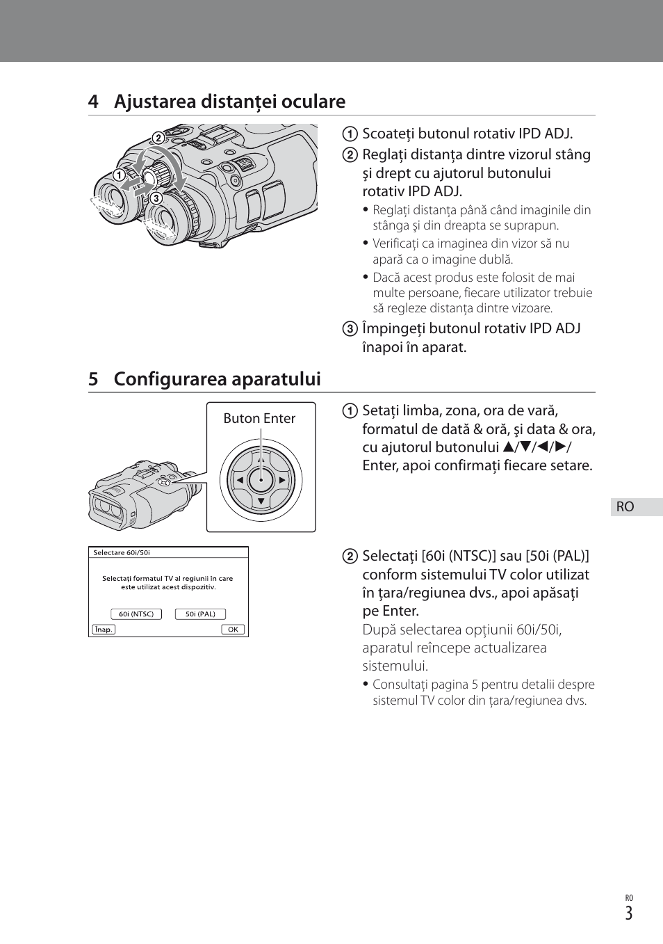 4 ajustarea distanţei oculare, 5 configurarea aparatului | Sony DEV-3 User Manual | Page 51 / 88