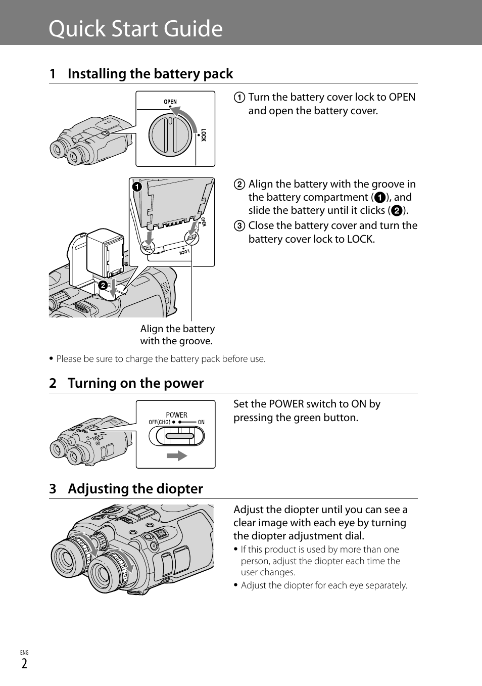 Quick start guide, 1 installing the battery pack, 2 turning on the power | 3 adjusting the diopter | Sony DEV-3 User Manual | Page 6 / 88