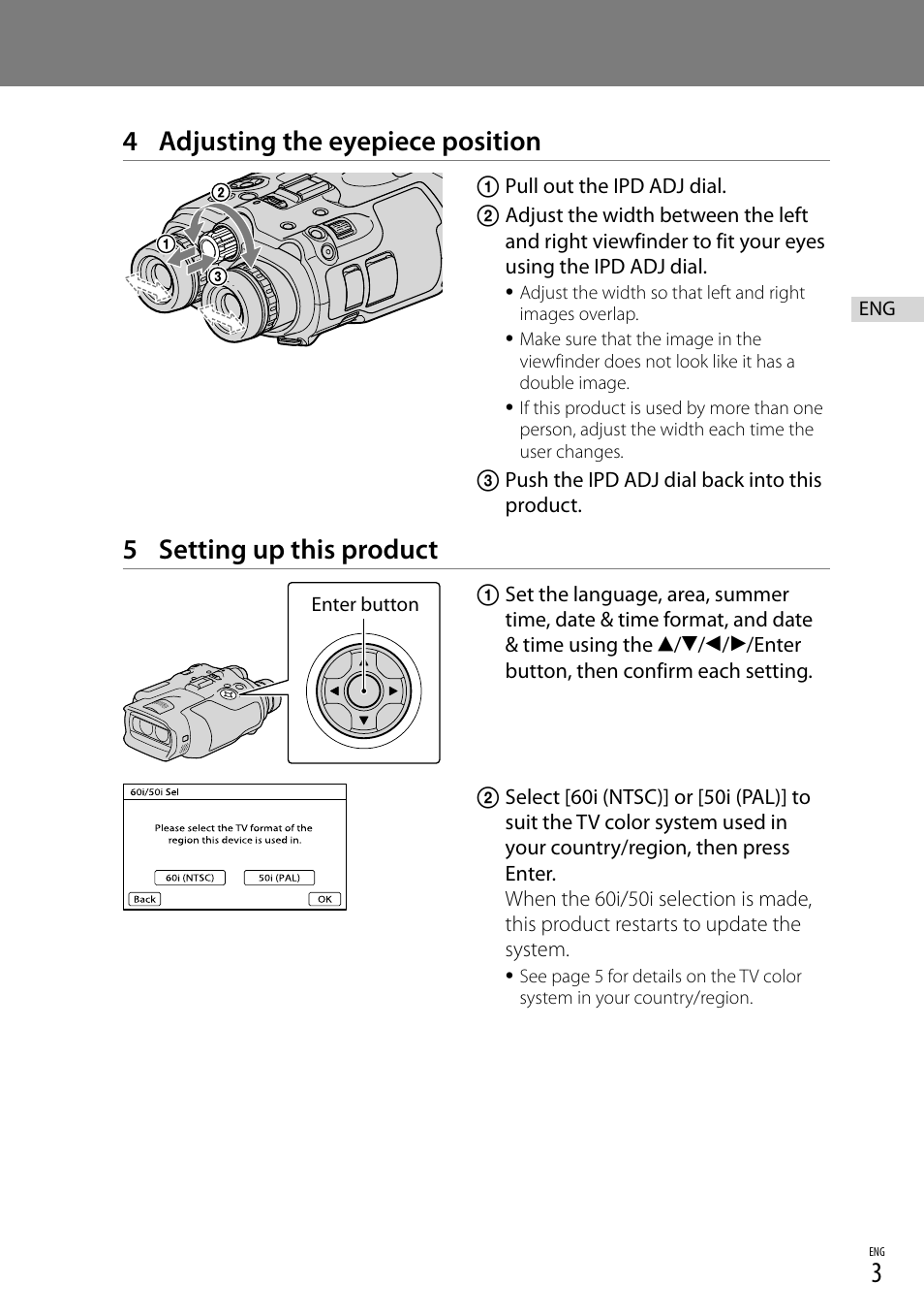 4 adjusting the eyepiece position, 5 setting up this product | Sony DEV-3 User Manual | Page 7 / 88