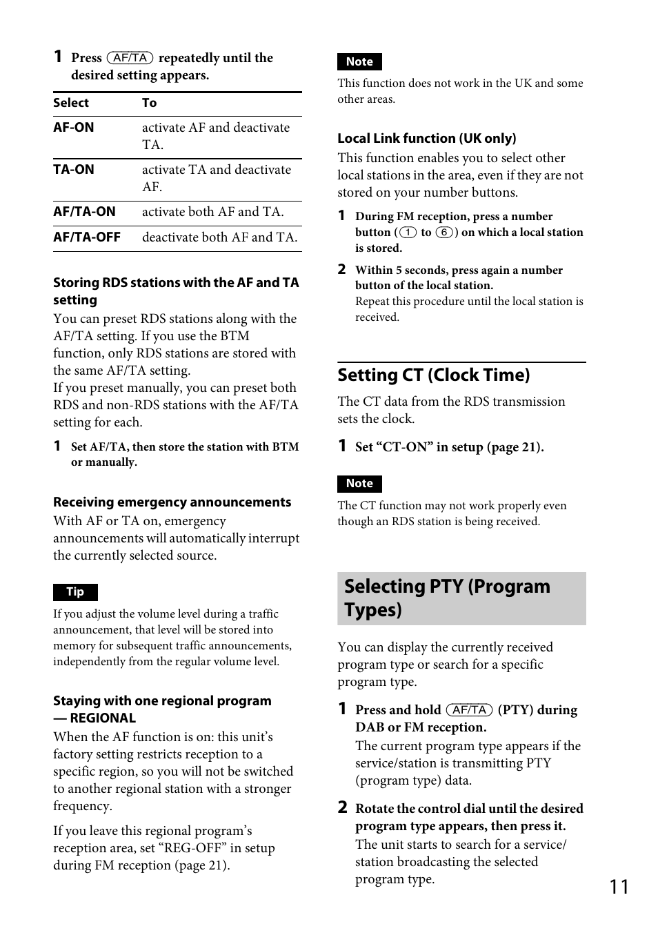 Selecting pty (program types), Setting ct (clock time) | Sony CDX-DAB500U User Manual | Page 11 / 168