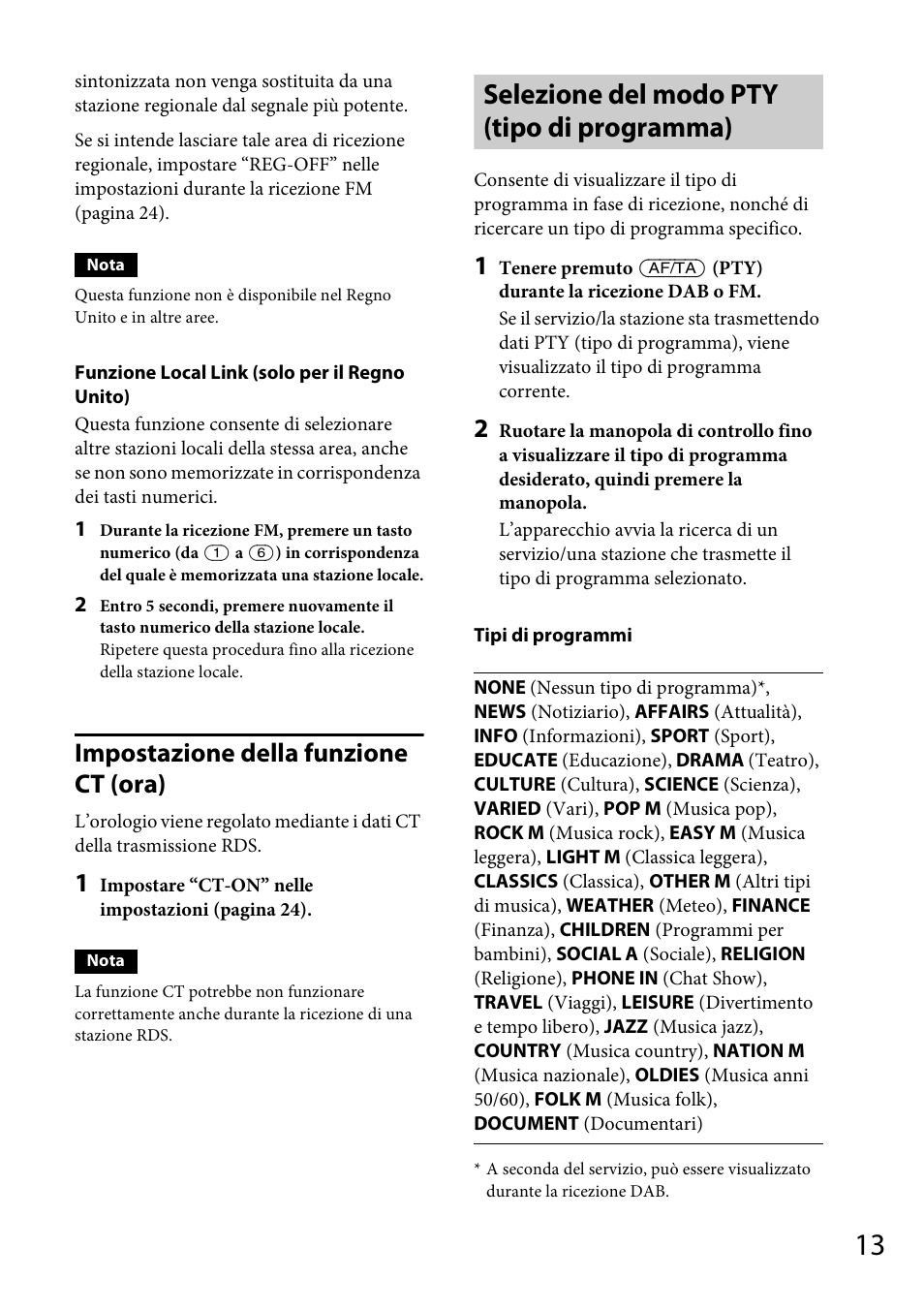 Selezione del modo pty (tipo di programma), Impostazione della funzione ct (ora) | Sony CDX-DAB500U User Manual | Page 111 / 168