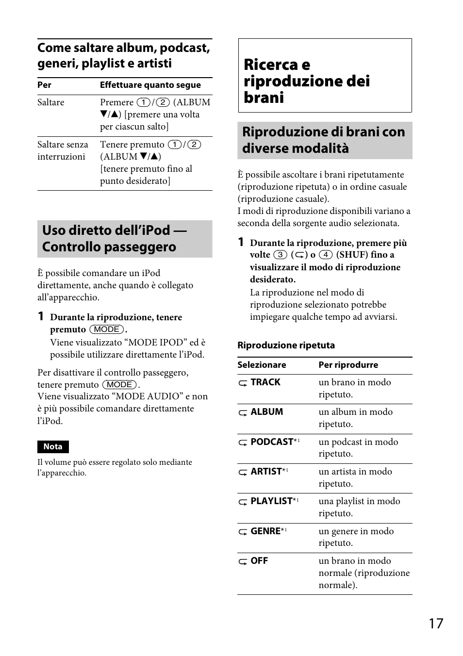 Uso diretto dell’ipod — controllo passeggero, Ricerca e riproduzione dei brani, Riproduzione di brani con diverse modalità | Sony CDX-DAB500U User Manual | Page 115 / 168