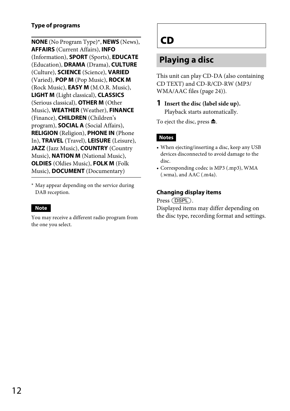 Playing a disc | Sony CDX-DAB500U User Manual | Page 12 / 168