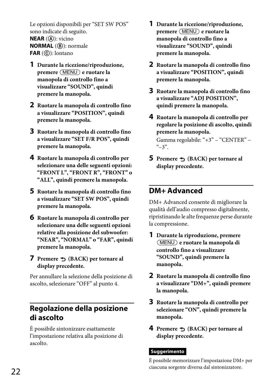 Regolazione della posizione di ascolto, Dm+ advanced | Sony CDX-DAB500U User Manual | Page 120 / 168