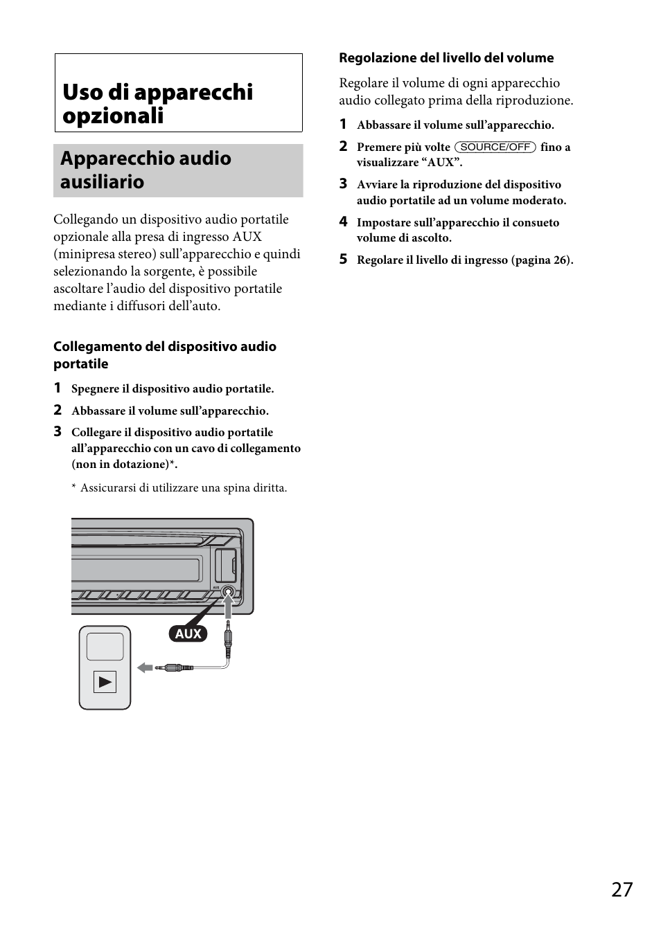 Uso di apparecchi opzionali, Apparecchio audio ausiliario | Sony CDX-DAB500U User Manual | Page 125 / 168