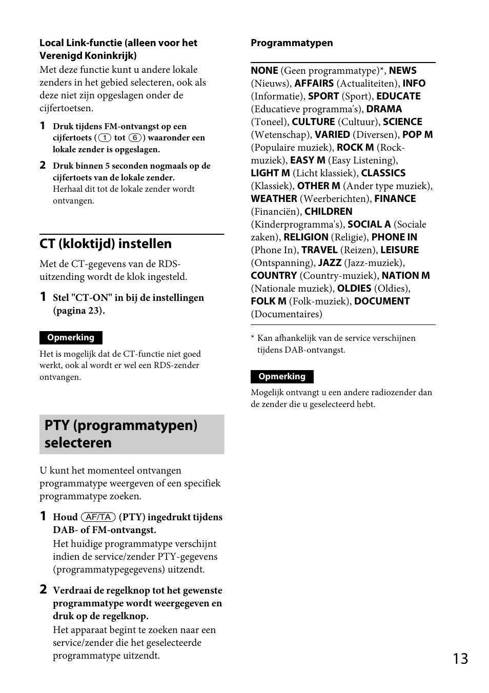 Pty (programmatypen) selecteren, Ct (kloktijd) instellen | Sony CDX-DAB500U User Manual | Page 145 / 168