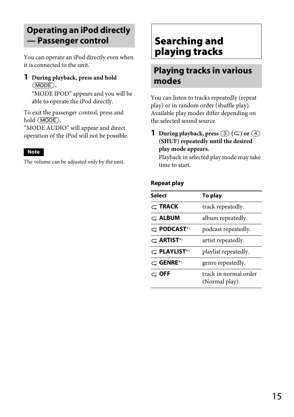 Operating an ipod directly — passenger control, Searching and playing tracks, Playing tracks in various modes | Sony CDX-DAB500U User Manual | Page 15 / 168