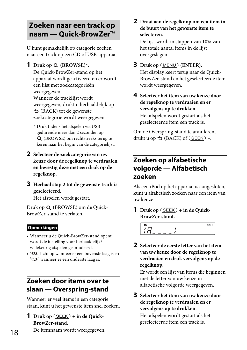 Zoeken naar een track op naam — quick-browzer, Zoeken door items over te slaan — overspring-stand | Sony CDX-DAB500U User Manual | Page 150 / 168