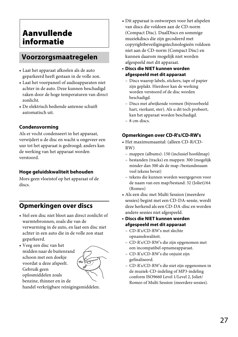 Aanvullende informatie, Voorzorgsmaatregelen, Opmerkingen over discs | Sony CDX-DAB500U User Manual | Page 159 / 168