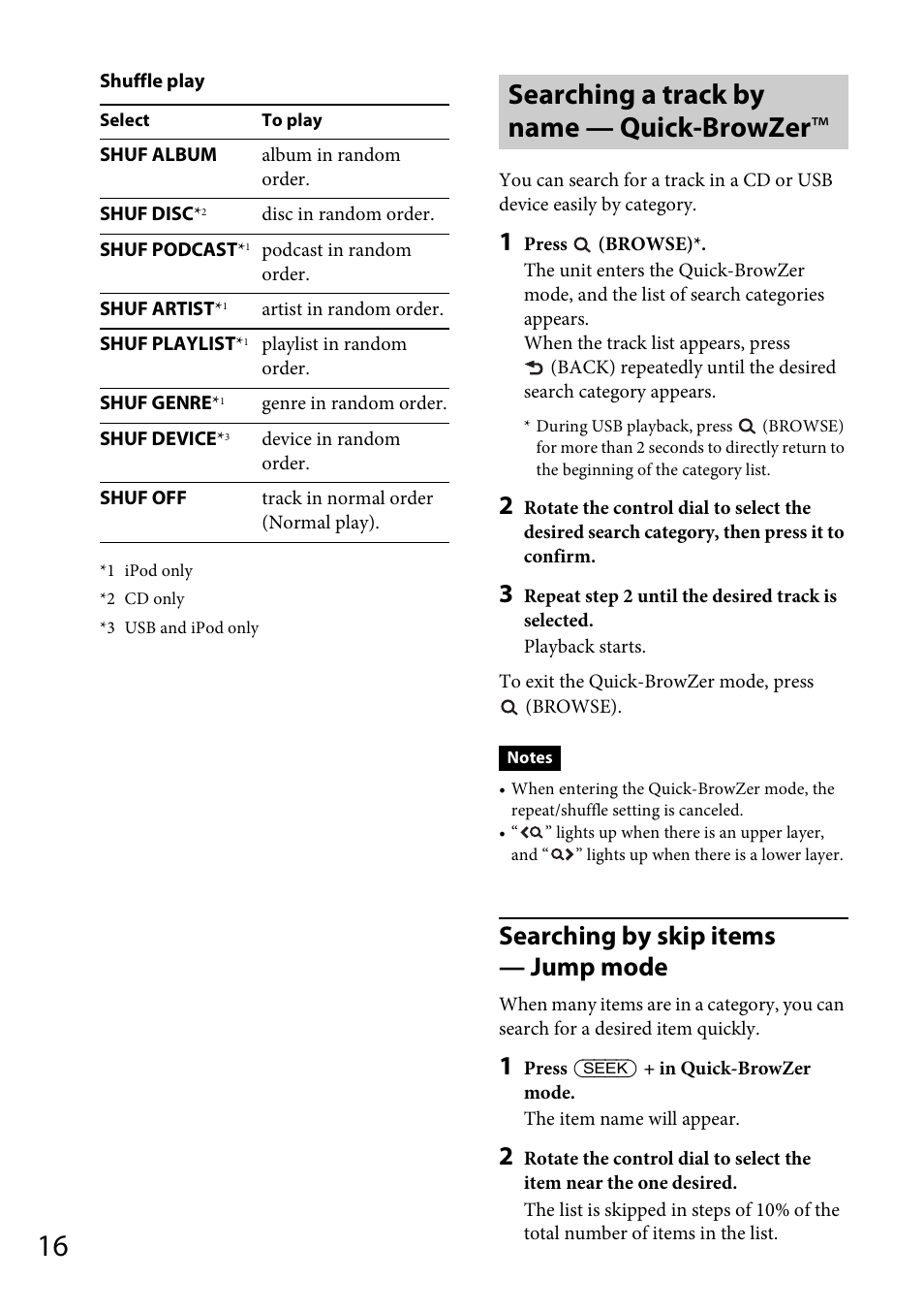 Searching a track by name — quick-browzer, Searching by skip items — jump mode | Sony CDX-DAB500U User Manual | Page 16 / 168