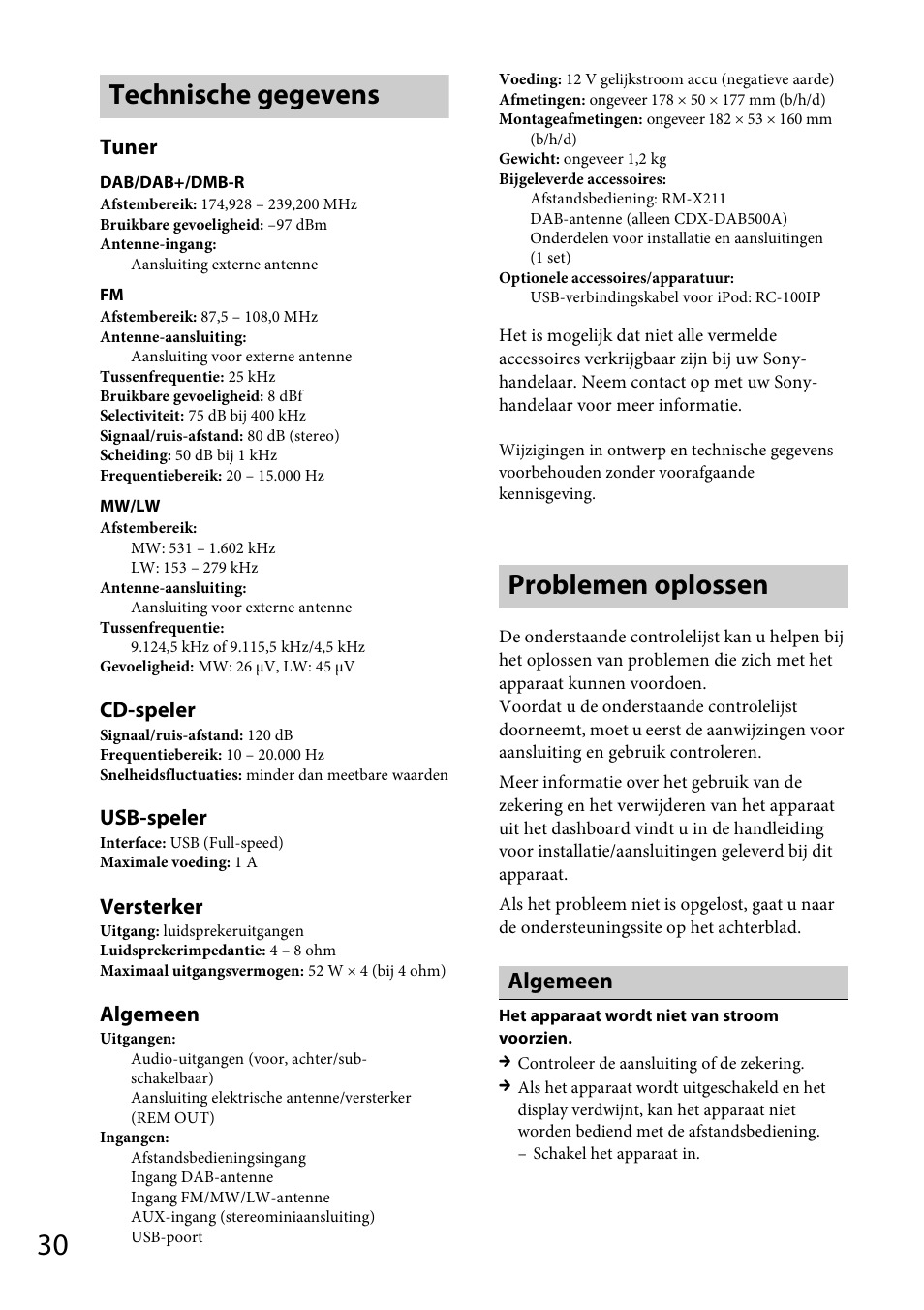 Technische gegevens, Problemen oplossen, Technische gegevens problemen oplossen | Tuner, Cd-speler, Usb-speler, Versterker, Algemeen | Sony CDX-DAB500U User Manual | Page 162 / 168