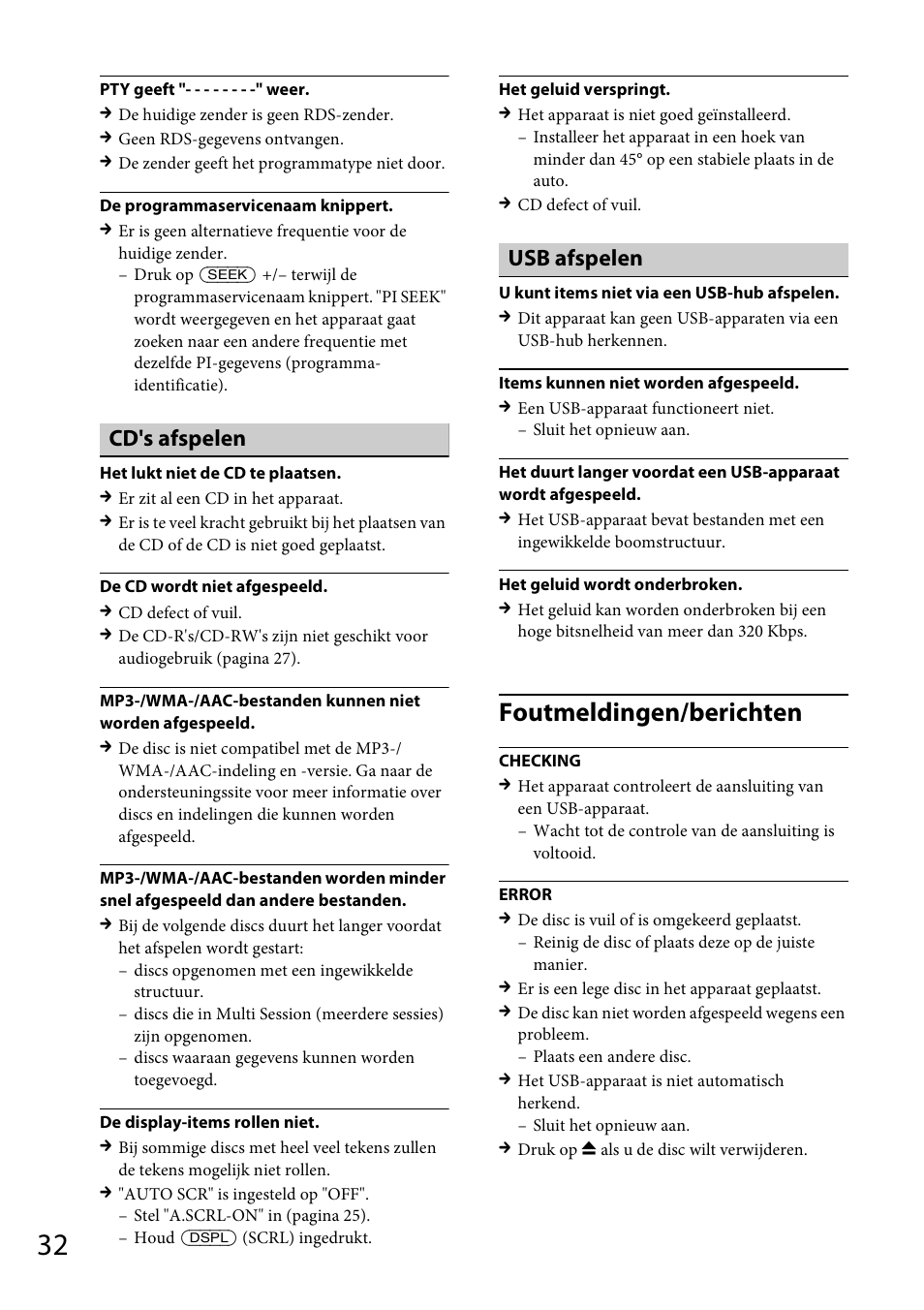 Foutmeldingen/berichten, Cd's afspelen, Usb afspelen | Sony CDX-DAB500U User Manual | Page 164 / 168