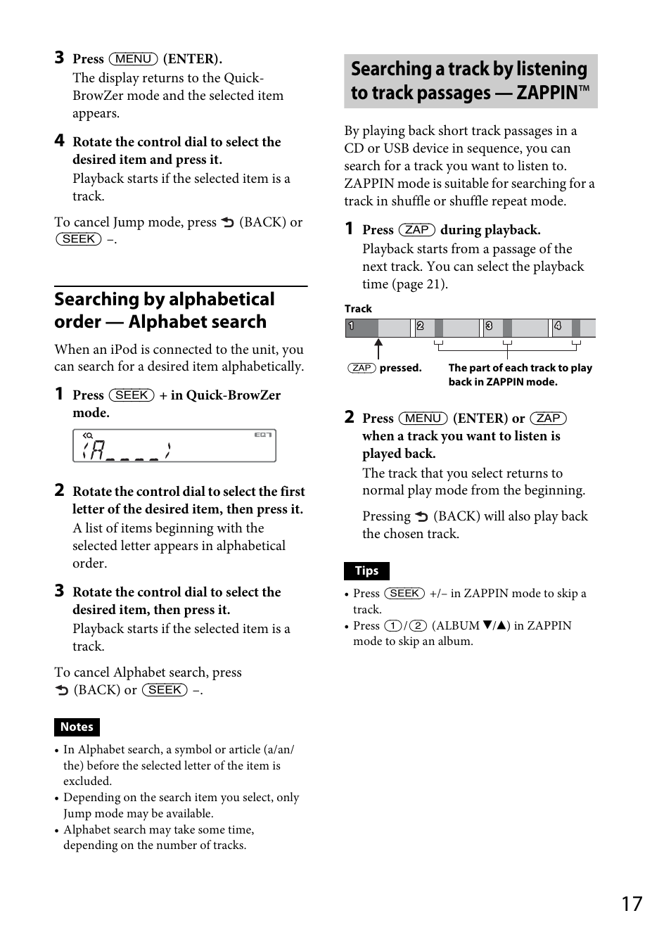 Searching by alphabetical order — alphabet search | Sony CDX-DAB500U User Manual | Page 17 / 168