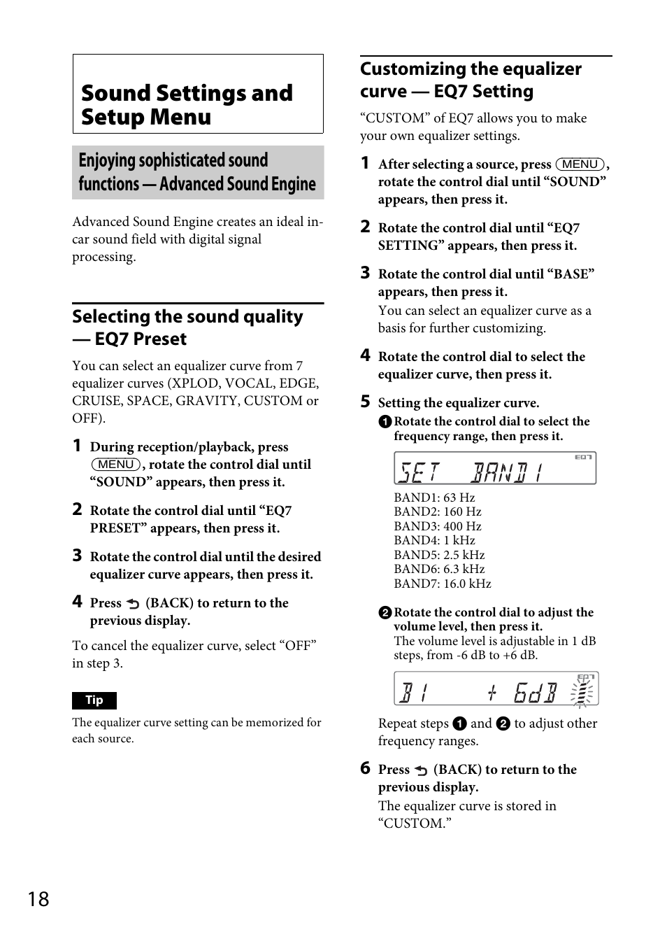 Sound settings and setup menu, Selecting the sound quality — eq7 preset, Customizing the equalizer curve — eq7 setting | Sony CDX-DAB500U User Manual | Page 18 / 168