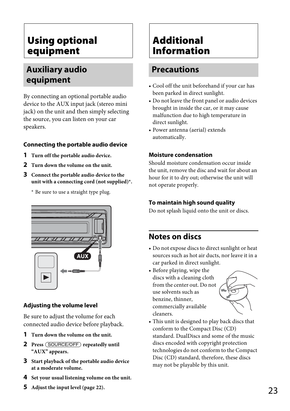 Using optional equipment, Auxiliary audio equipment, Additional information | Precautions | Sony CDX-DAB500U User Manual | Page 23 / 168