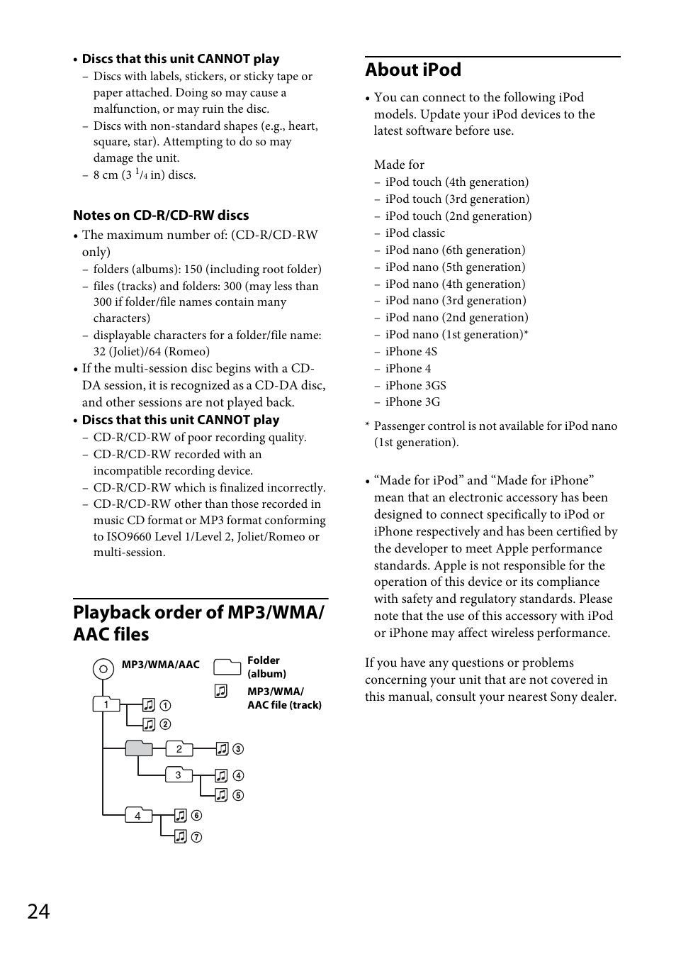 Playback order of mp3/wma/ aac files about ipod | Sony CDX-DAB500U User Manual | Page 24 / 168